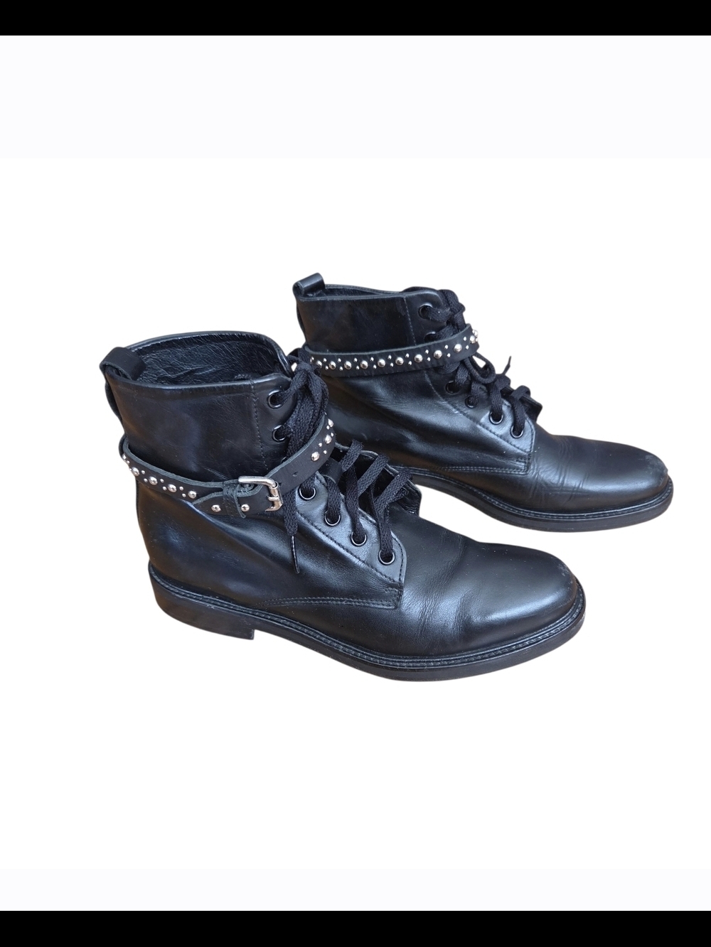 Maje Lace-up Black Leather Ankle Combat Moto Studded Boots Women's 6 EUR 37